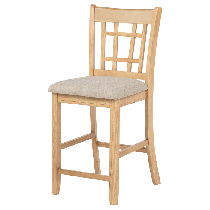 Set of two CoasterEveryday Lavon wood counter height dining chairs with linen upholstery and light oak finish.