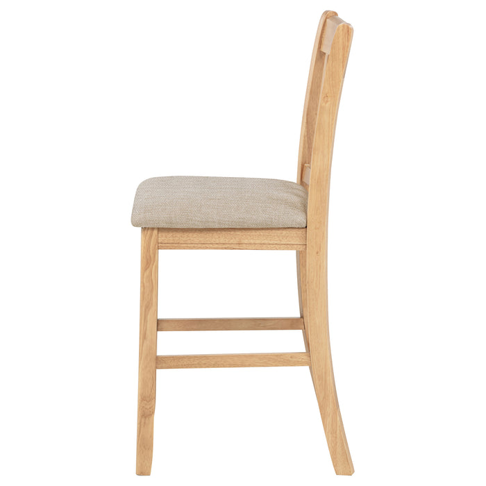 Set of two Lavon wood counter height dining chairs by CoasterEveryday with linen upholstery and light oak finish, shown from side view