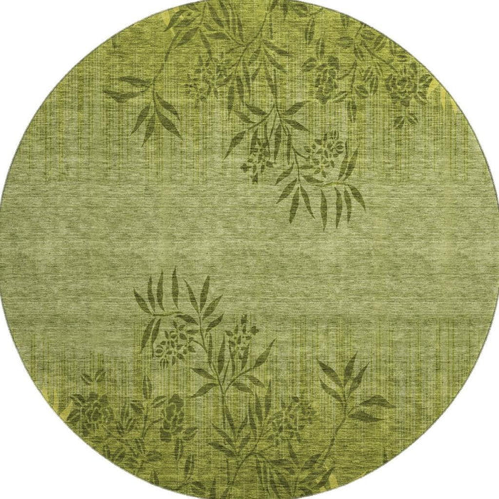 8' Floral Washable Round Rug With UV Protection (655659) - Olive Green / Gold