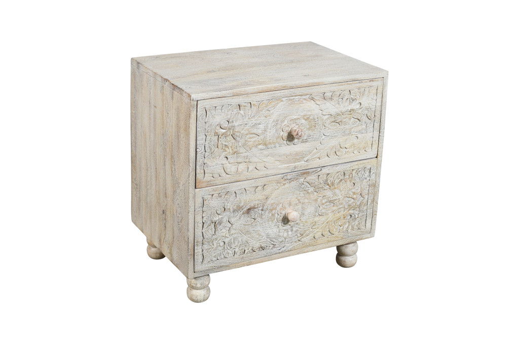 24" Solid Wood Distressed Carved Scrollwork Two Drawer Nightstand - Natural And White