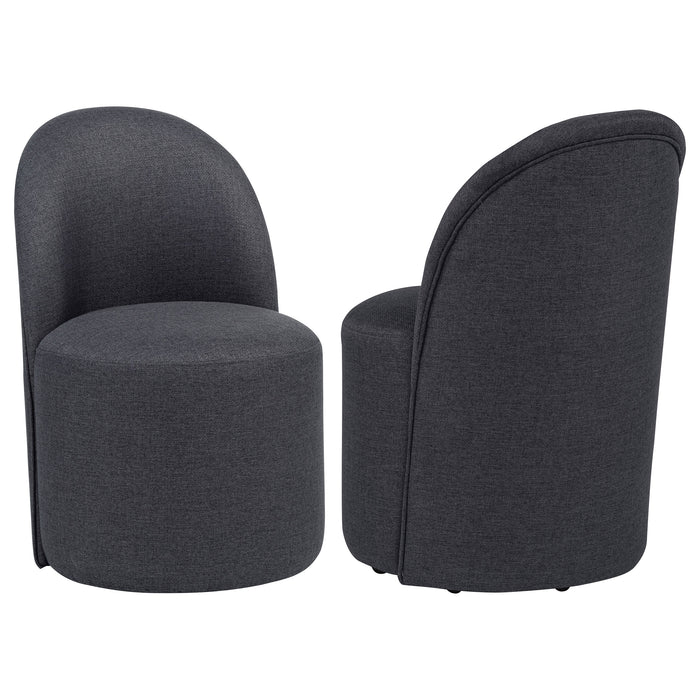 Set of two CoasterEveryday Aubrey upholstered barrel dining chairs in charcoal, featuring plush fabric and modern design.