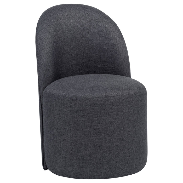 Set of two Aubrey upholstered barrel dining side chairs in charcoal, featuring plush fabric and modern design for dining room decor.