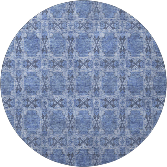 8' Floral Medallion Washable Round Rug With UV Protection (649477) - Denim Blue / Ivory