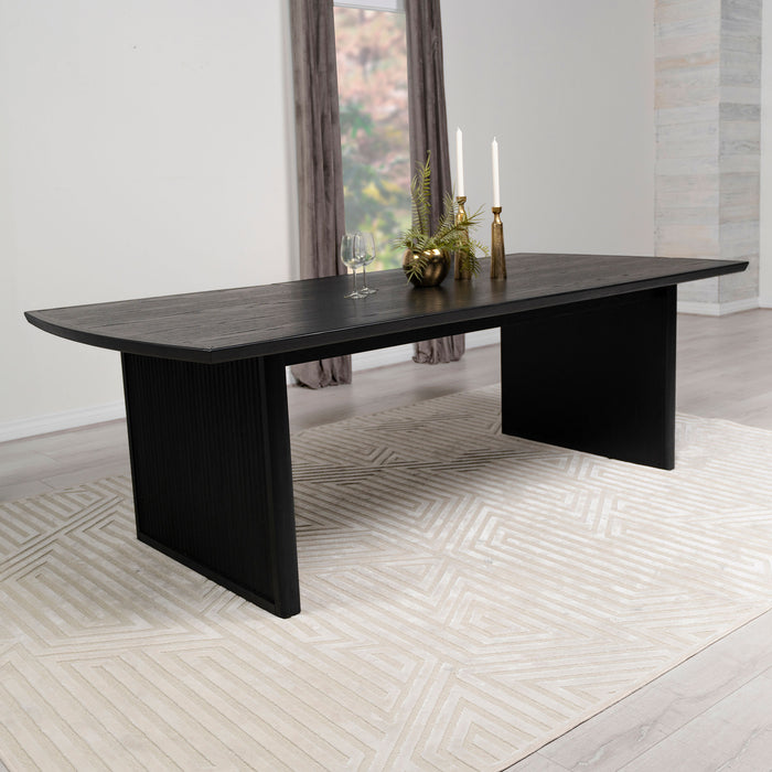 Black Brookmead 100-inch extension leaf dining table by CoasterEssence with a sleek, modern design and smooth surface.