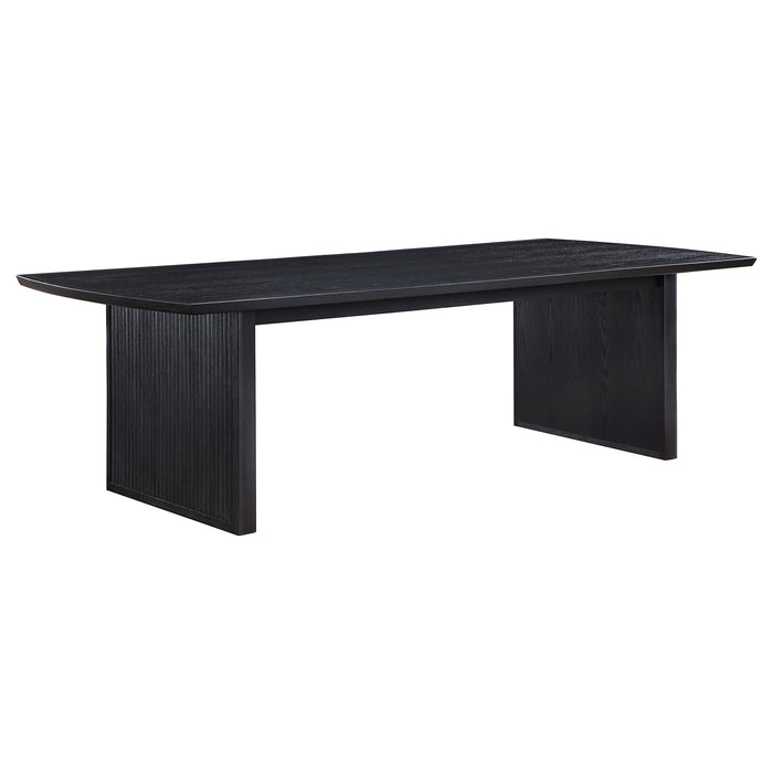 Black Brookmead 100-inch extension leaf dining table by CoasterEssence with a sleek wooden finish and sturdy design.