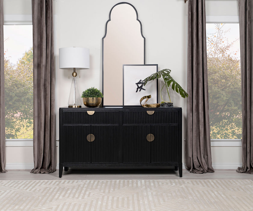 Black Brookmead 4-door sideboard buffet storage cabinet with sleek design and wooden finish, featuring spacious interior drawers.