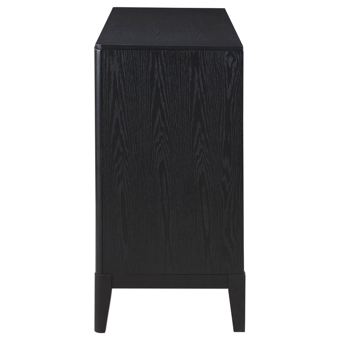Black Brookmead 4-door sideboard buffet storage cabinet with sleek design and wood finish, featuring ample storage space.