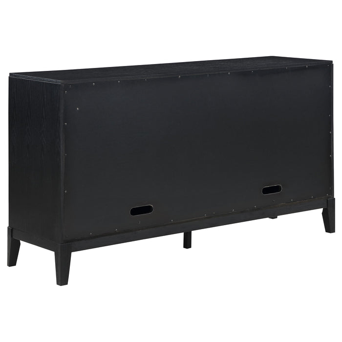 Black Brookmead 4-door sideboard buffet storage cabinet with sleek wood finish and modern design, featuring multiple storage compartments.