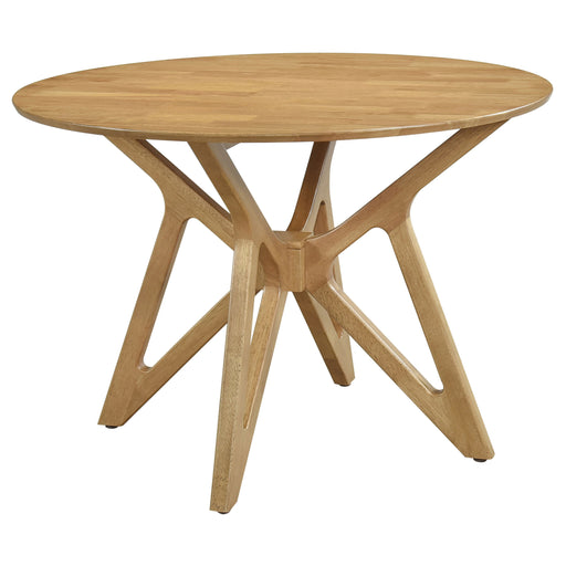 Elowen 42-inch round solid wood dining table in light walnut finish, showcasing smooth tabletop and sturdy legs.