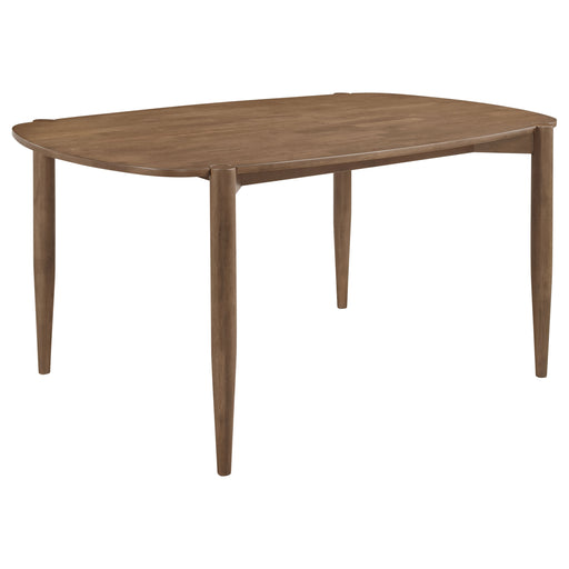 CoasterEveryday Dortch 63-inch oval rubberwood dining table with tapered legs in walnut finish, showcasing smooth surface and elegant design.