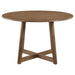 Round 47-inch walnut wood dining table by CoasterEveryday, showcasing a smooth surface and sturdy wooden legs.
