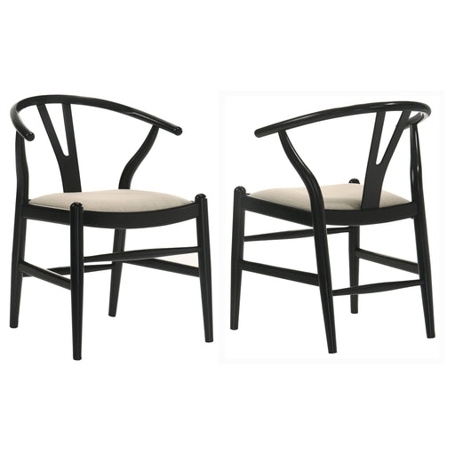 Set of two Crestmont Wood Wishbone Dining Side Chairs by CoasterEveryday in black with curved wooden legs and classic wishbone design.