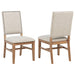 Set of two Middleton upholstered dining side chairs by CoasterEveryday in light brown fabric, featuring cushioned seats and wooden legs.