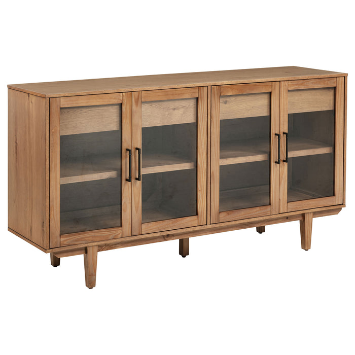 Natural wood Middleton 4-door sideboard with dual drawers, showcasing a contemporary furniture piece with sleek design and modern hardware.