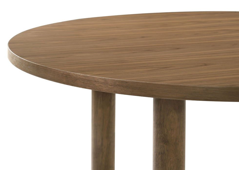 Crestmore 5-piece 46-inch round walnut wood dining table set with matching chairs, crafted for a stylish dining room.