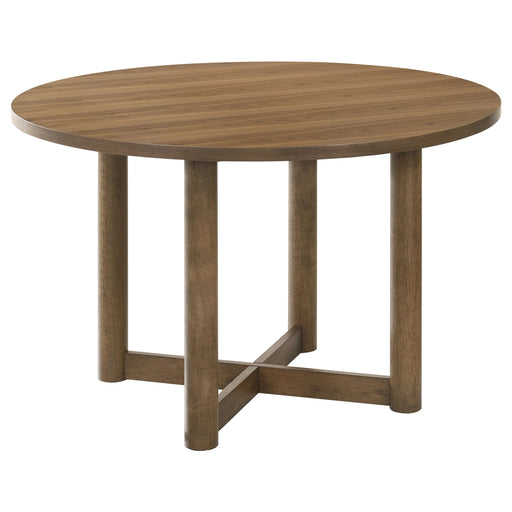 Crestmore 46-inch round walnut wood dining table by CoasterEveryday, showcasing smooth surface and sturdy wooden legs.