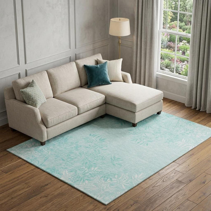 10' X 14' Floral Washable Area Rug With UV Protection (655680) - Teal / Ivory
