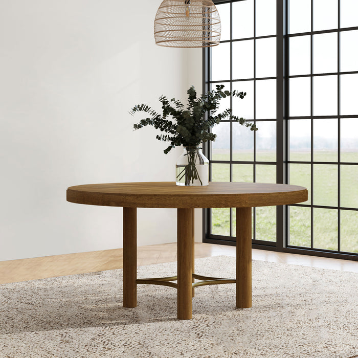 CoasterEveryday Arini 60-inch round wood dining table in sand wash finish, showcasing smooth wood surface and sturdy legs.