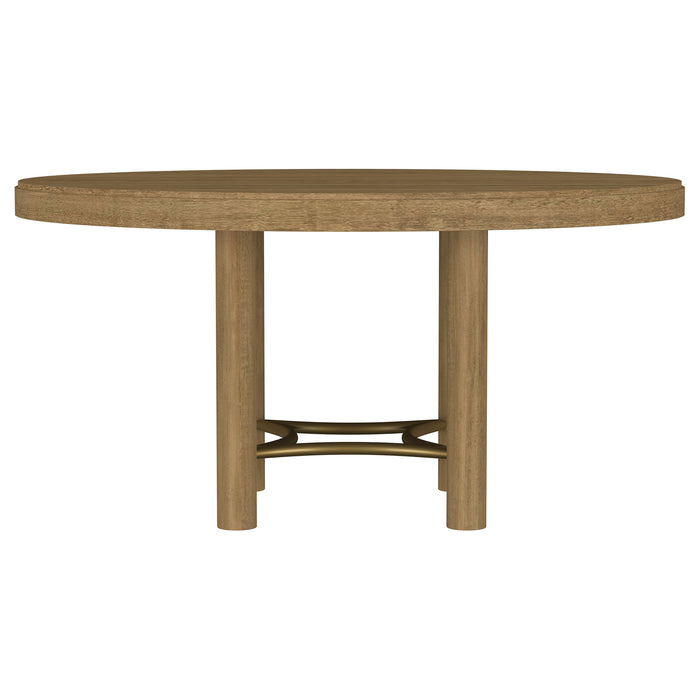 CoasterEveryday Arini 60-inch round wood dining table in sand wash finish with smooth surface and sturdy wooden legs.