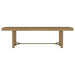 CoasterEveryday Arini 7-piece extension leaf dining table set in sand wash and black with chairs and extension leaf.