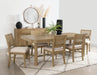CoasterEveryday Arini 7-piece extension leaf dining table set in sand wash wood finish with matching chairs and extension leaf.