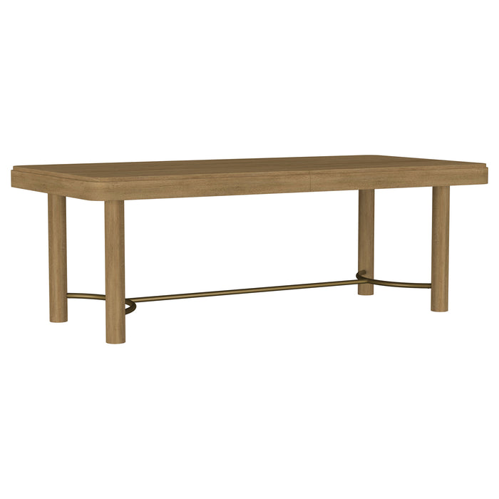 CoasterEveryday Arini 9-piece extension leaf dining table set in sand wash with matching chairs and extended table surface.