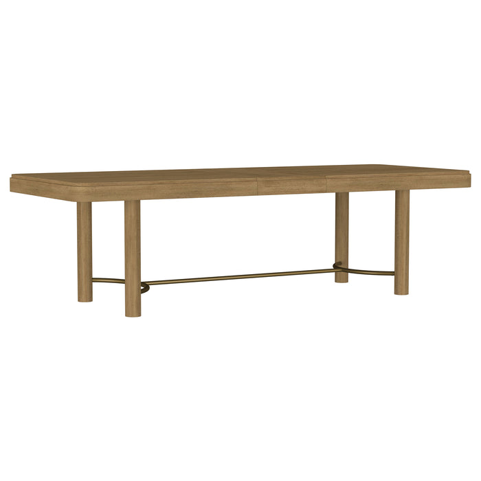 CoasterEveryday Arini 104-inch extension leaf dining table in sand wash finish, showing the spacious wooden tabletop with extended leaf.
