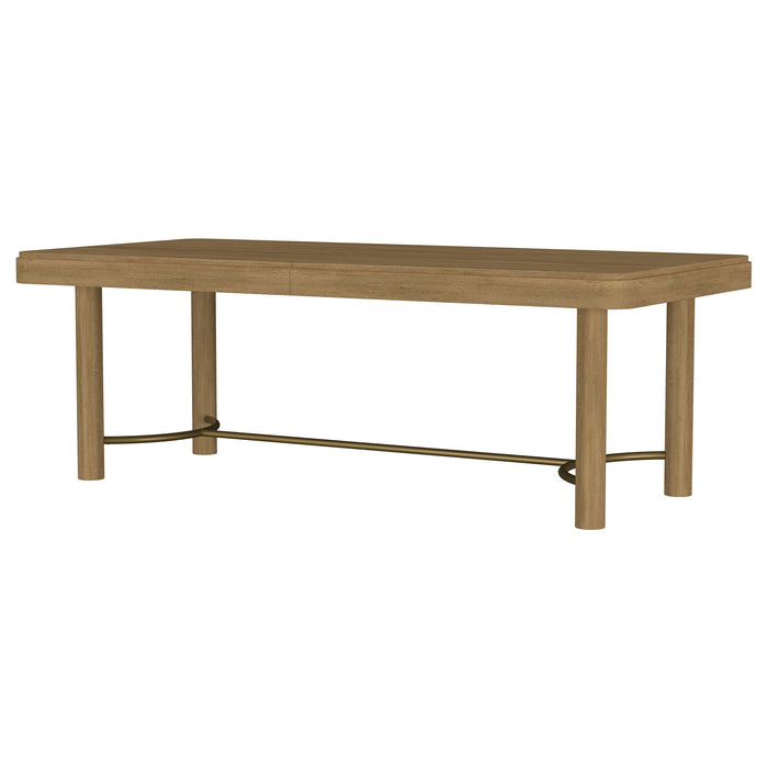 CoasterEveryday Arini 104-inch extension leaf dining table in sand wash wood finish, showing a close-up of the table's surface and extended leaf.