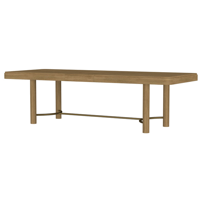 CoasterEveryday Arini 104-inch extension leaf dining table in sand wash wood finish, showing the extended table with a modern design.