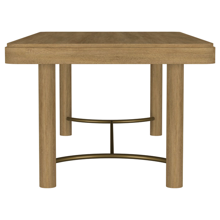 CoasterEveryday Arini 104-inch extension leaf dining table in sand wash finish, showing the sleek wooden surface and extended size.