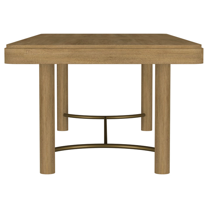 CoasterEveryday Arini 104-inch extension leaf dining table in sand wash wood, showing the extended table with smooth finish.