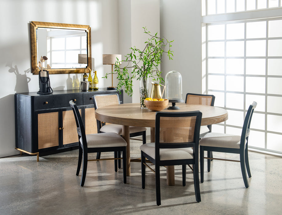 Set of two Arini Rattan Cane Dining Side Chairs in black, modern furniture with woven rattan seats and sleek black frames.
