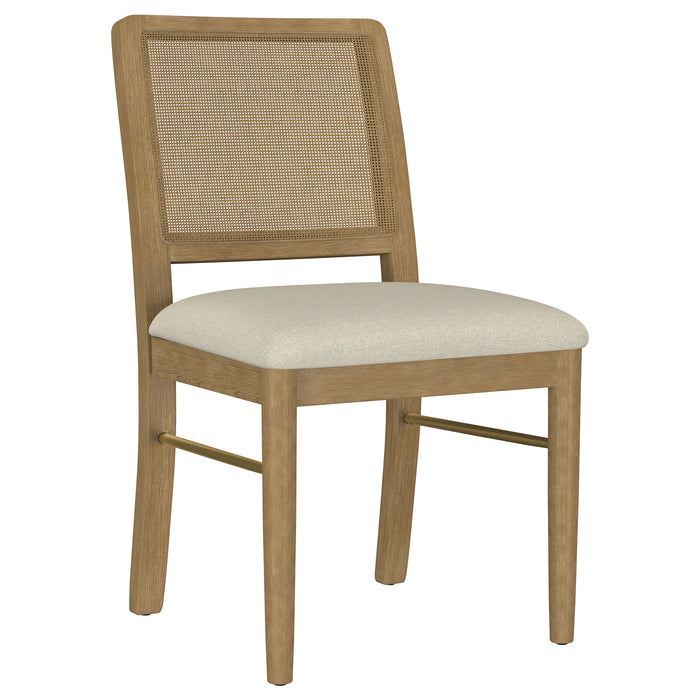 Set of two Arini Rattan Cane Dining Side Chairs in Sand Wash finish, showcasing woven rattan seats and curved wooden frames.