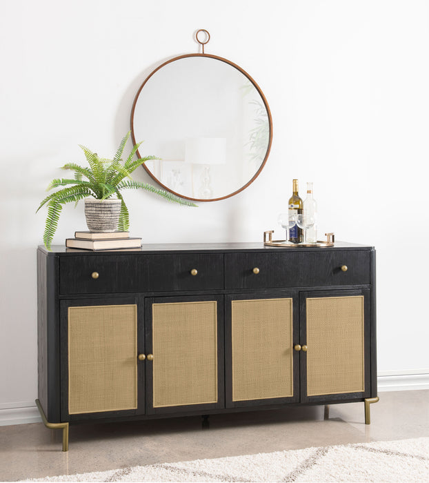 CoasterEveryday Arini black 2-drawer cane door dining sideboard server with storage and modern design, shown in a home setting.