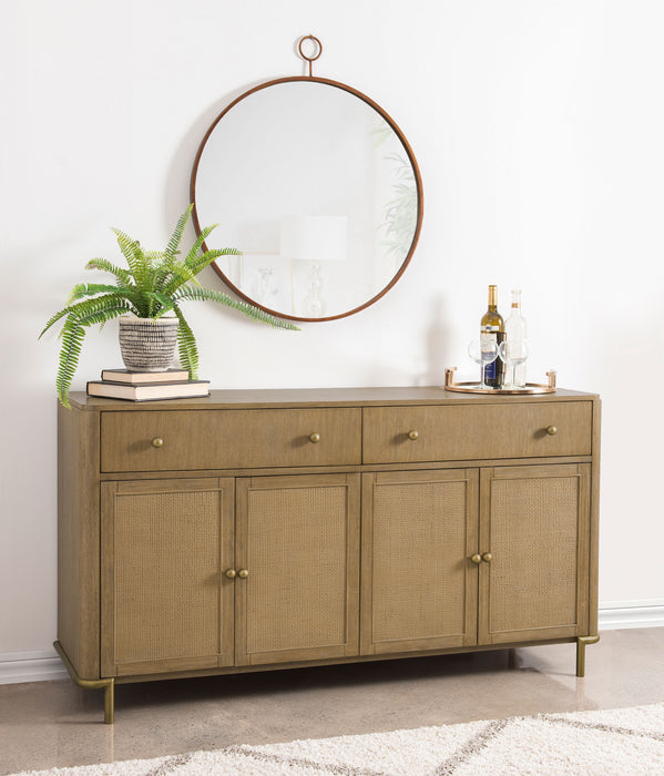 CoasterEveryday Arini 2-drawer cane door dining sideboard server with sand wash finish, showcasing its wooden and cane details.