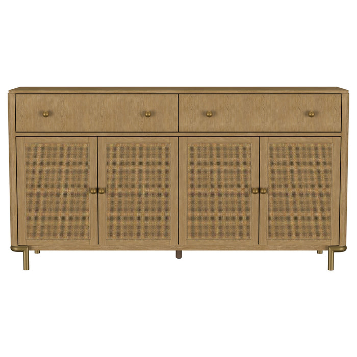 CoasterEveryday Arini 2-drawer cane door dining sideboard server in sand wash finish, showcasing the furniture's elegant design and storage.