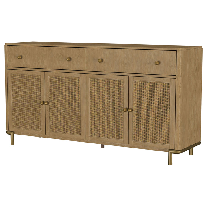 CoasterEveryday Arini 2-drawer cane door dining sideboard with sand wash finish, featuring a spacious surface and stylish storage.