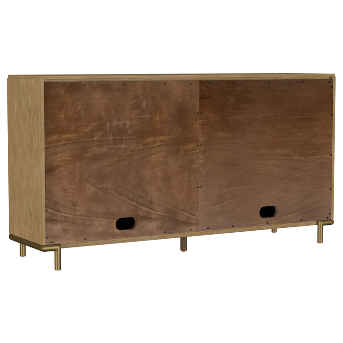 CoasterEveryday Arini 2-drawer cane door dining sideboard in sand wash finish, featuring wooden drawers and cane accents.