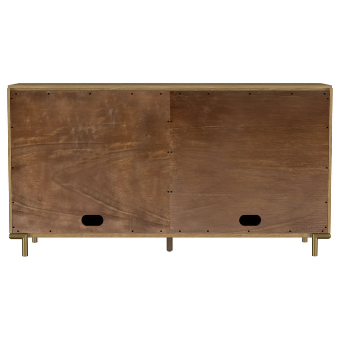 CoasterEveryday Arini 2-drawer cane door dining sideboard in sand wash finish, showcasing its stylish wood and cane design.