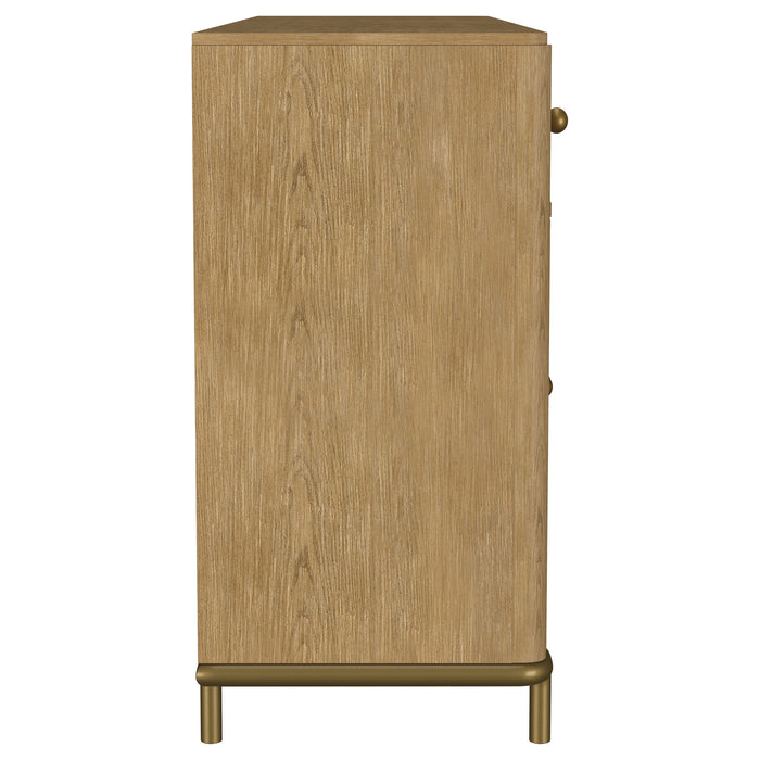 CoasterEveryday Arini 2-drawer cane door dining sideboard server in sand wash finish, featuring wood and cane details.