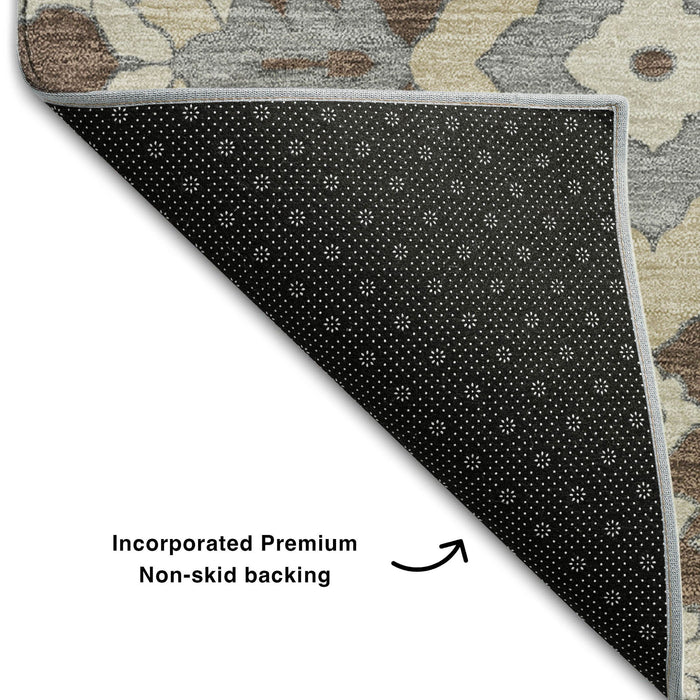 10' X 14' Floral Washable Area Rug With UV Protection (668501) - Chocolate / Gray / Beige