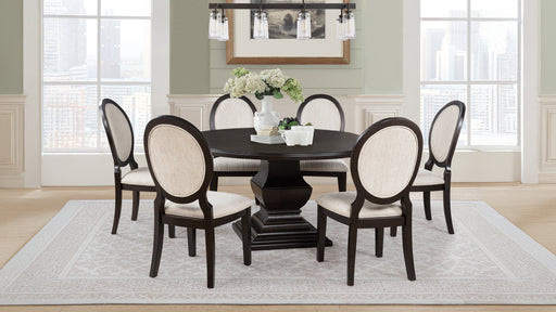 Dark cocoa Twyla 7-piece round wood dining room table set by CoasterEveryday, showing the table and matching chairs.