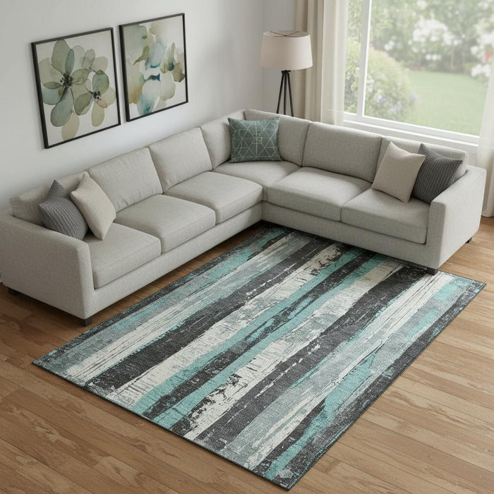 10' X 14' Striped Washable Area Rug With UV Protection (706433) - Teal / Gray