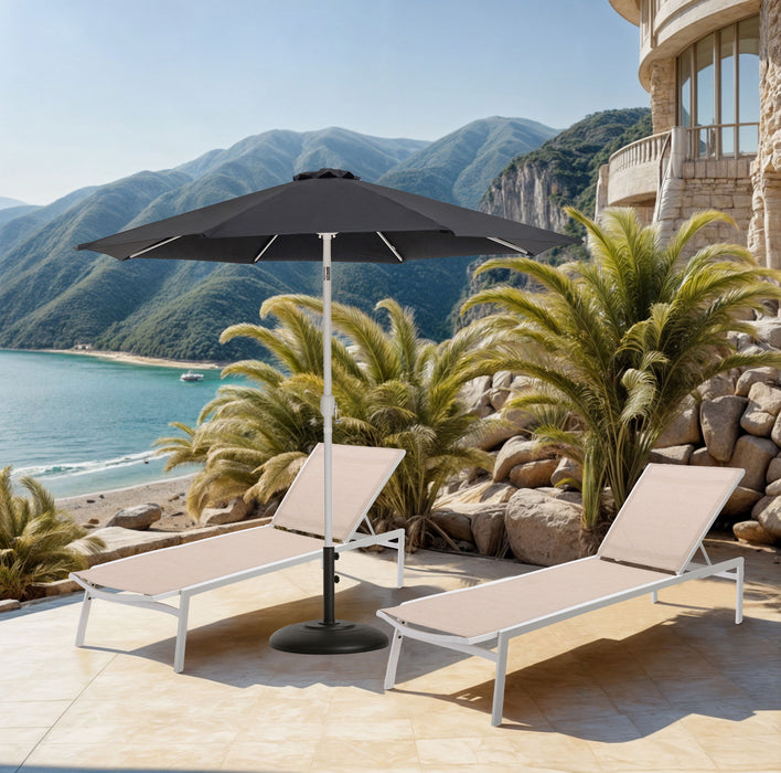 Meridian Furniture Fiji aluminum patio umbrella with round black and white base, ideal for outdoor shading and patio decor.
