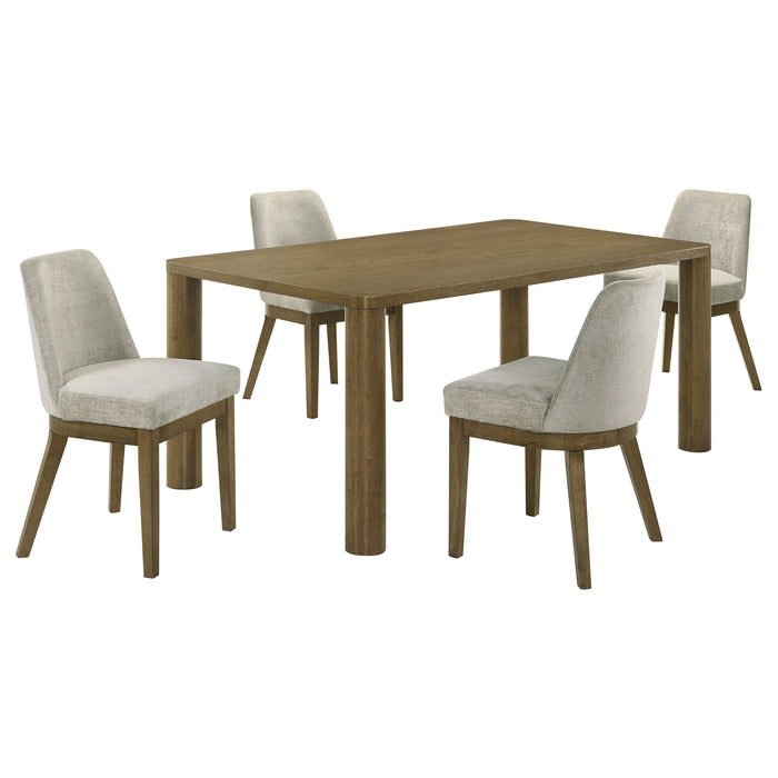 Castlewood 5-piece brown oak rectangular dining set from CoasterEveryday, including table and chairs, in a modern furniture style.