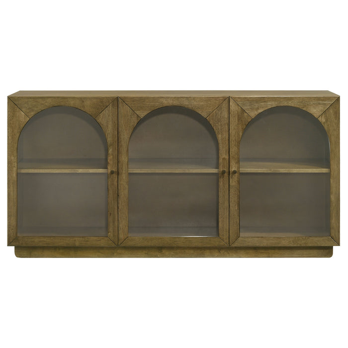 Castlewood 71-inch brown oak dining sideboard buffet server by CoasterEveryday showing wood grain and storage compartments.