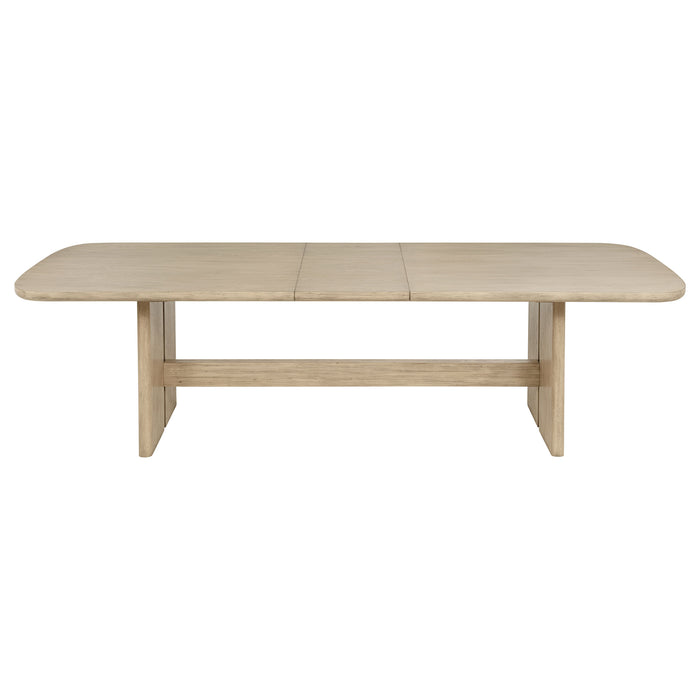 CoasterEveryday Kailani 7-piece rectangular wood dining table set in beige oak with matching chairs and a sturdy table surface.