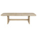 Kailani 110-inch rectangular wood dining table in beige oak, showcasing sturdy furniture design with smooth tabletop and tapered legs.