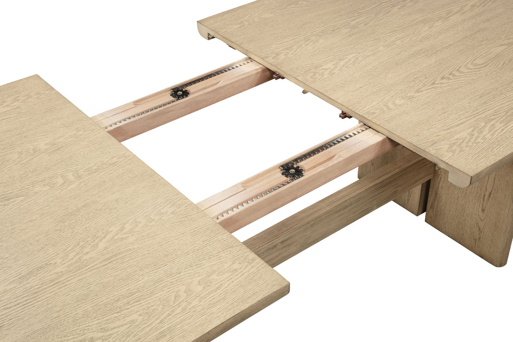 Rectangular beige oak wood dining table from CoasterEveryday, 110-inch size, showcasing sturdy furniture design and smooth surface.