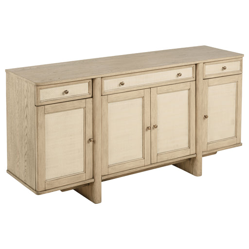 Beige oak Kailani 4-door cane sideboard buffet cabinet by CoasterEveryday, showcasing storage with cane detail doors and wooden finish.